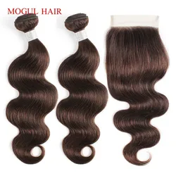 Body Wave Bundles with Closure Transparent Lace Color 2 Dark Brown Brazilian Pre-Colored Remy Human Hair Extension MOGUL HAIR