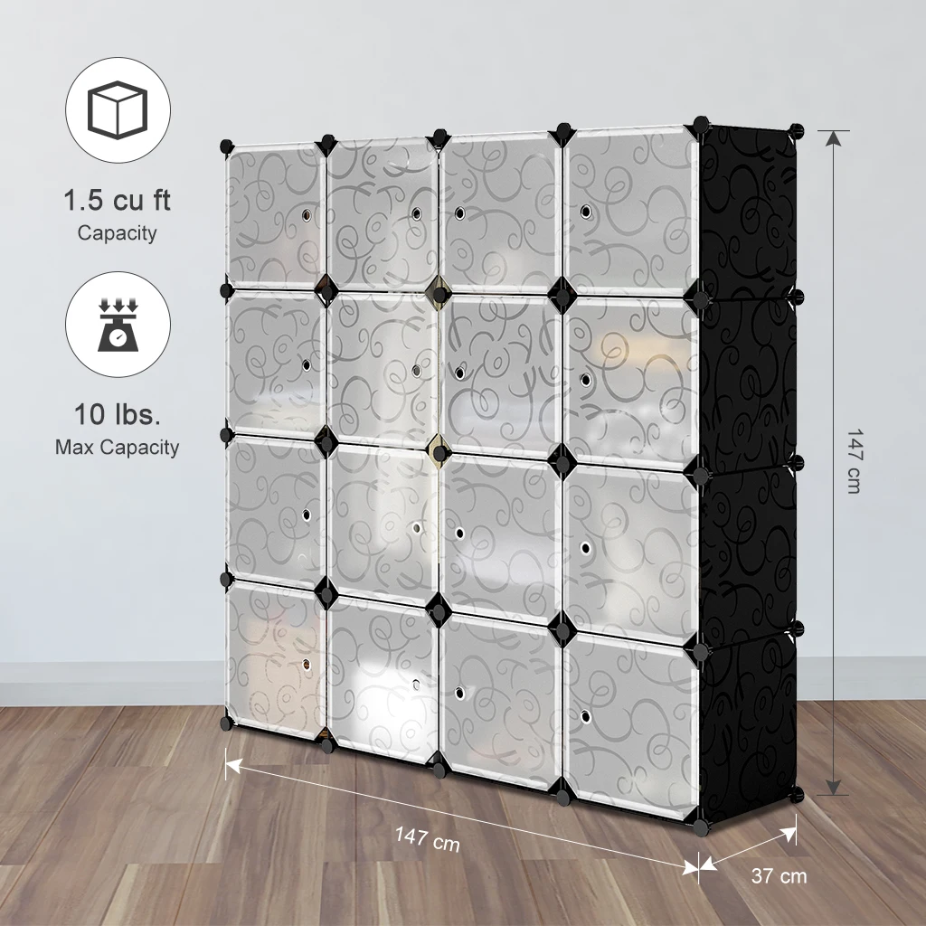 

LANGRIA 16-Cube DIY Modular Storage Organizer Shelving Closet Wardrobe Rack, Black and White Embo