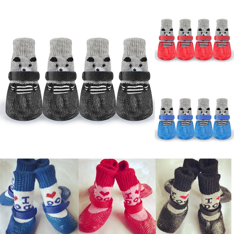 4Pcs/set Cute Pet Dog Shoes Rubber Cotton Socks Waterproof Non-slip Dog Rain Snow Boots Socks Footwear For Puppy Small Cats Dogs
