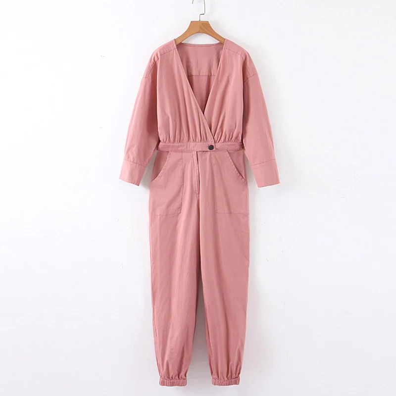 

RR Poplin Jumpsuits Women Fashion Solid Jumpsuit Women Elegant Zipper Button Pockets V Neck Jumpsuits Female Ladies IC
