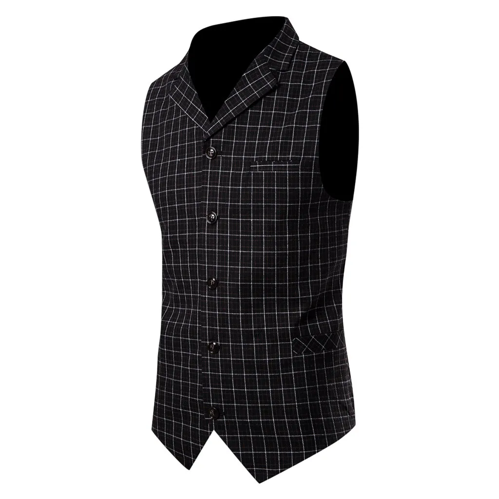 Dark Coffee 1 Men Fashion Business Smart Casual plaid double breasted vest Wedding Party Waistcoat Tops vintage gilet Jacket free shiping - Цвет: Dark Coffee 1