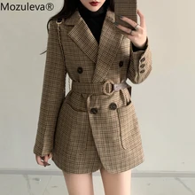 Mozuleva Korean Plaid Women Work Blazer Jacket Casual Double-breasted Sashes Suit Jacket Female 2020 Slim Female Blazer Outwear Mozuleva Korean Plaid Women Work Blazer Jacket Casual Double-breasted Sashes Suit Jacket Female 2020 Slim Female Blazer Outwear