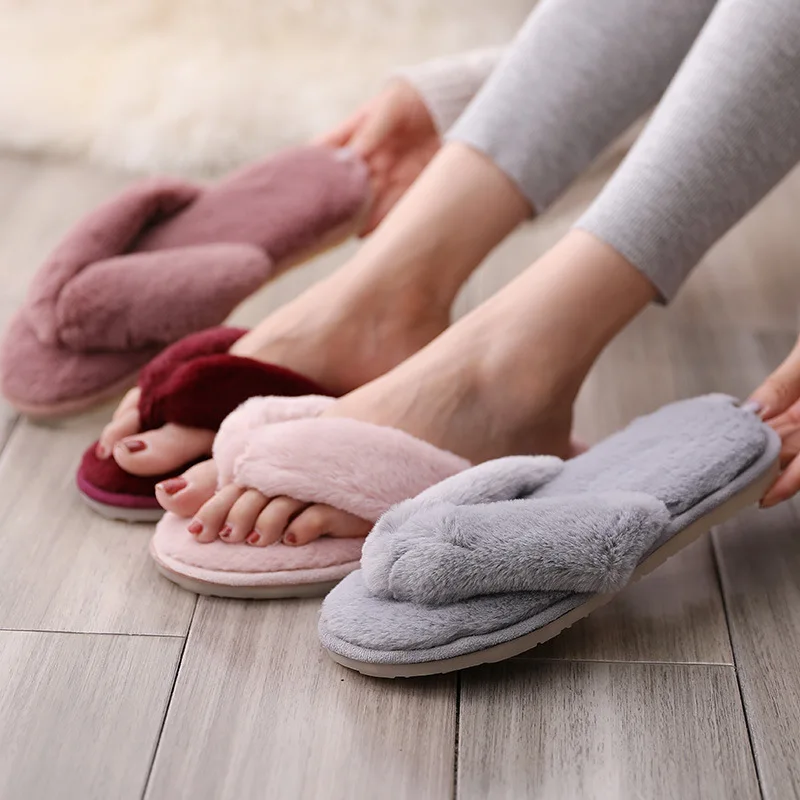 FRALOSHA Women's Home Slippers Winter Fashion Flip Flops With Artificial Fur Fashion Warm Shoes Women' Flat Slippers