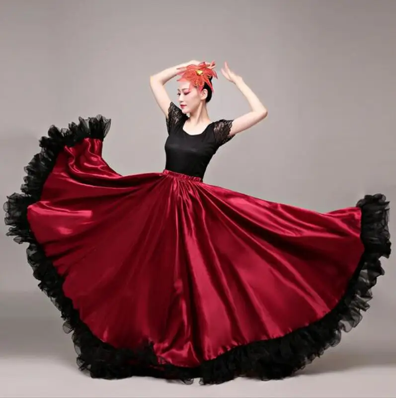 Танец фламенко юбка Золотой испанский танцевальный костюм для женщин Vestido фламенко 360-720 градусов плюс размер - Цвет: Wine Red 720 Degree
