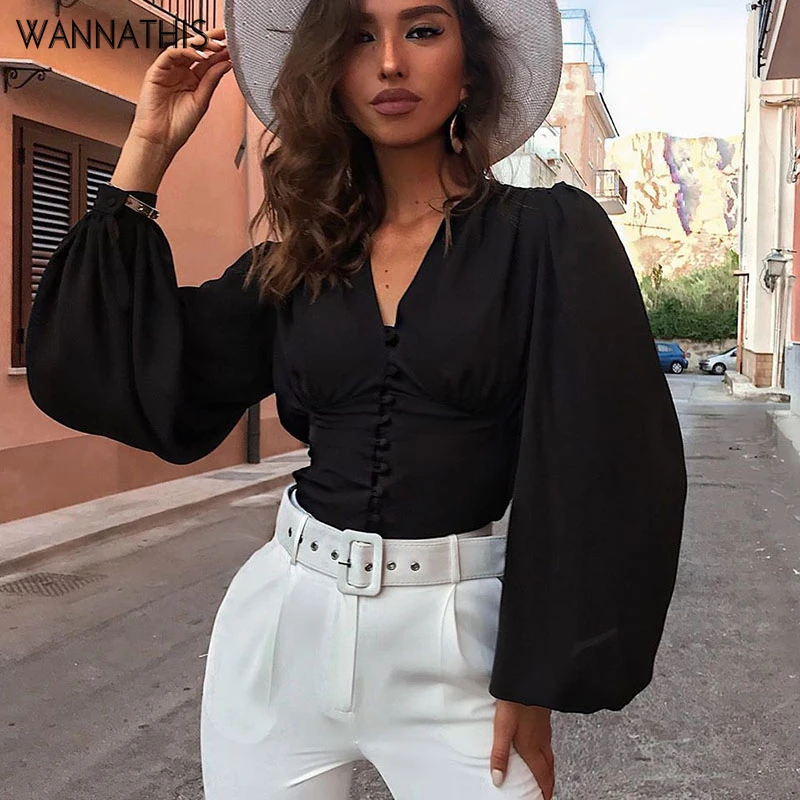 Online WannaThis Bluse Donna 2019 Sexy Profondo Scollo A V Pulsante Nero Lanterna Manica Lunga Sottile di Modo di Autunno Nuovo Elegante Camicia Della Signora Top