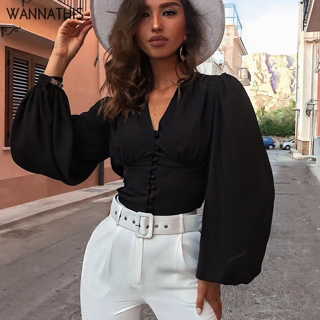 US $11.04 WannaThis Blouses Woman 2019 Sexy Deep V-Neck Black Button Lantern Long Sleeve Slim Fashion Autumn