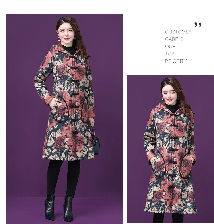 Зимнее Новое Стильное женское платье большого размера, шерстяное пальто средней длины с капюшоном с начесом и толстым принтом, теплое хлопковое пальто для женщин, ветровка