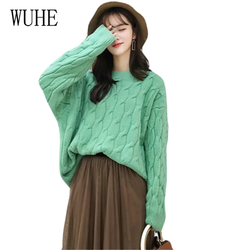 

WUHE Korean Version Autumn and Winter New Retro Twist Loose Candy Color Lazy Wind Pullover Sweater Women's Knitting Top Sweater