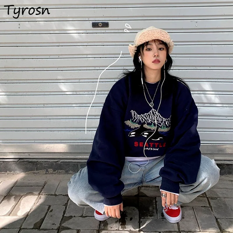 

No Hat Sweatshirts Women Hip Hop Fashion Vintage Loose All-match Streetwear Korean Style Harajuku Students Simple Tops Fall Chic