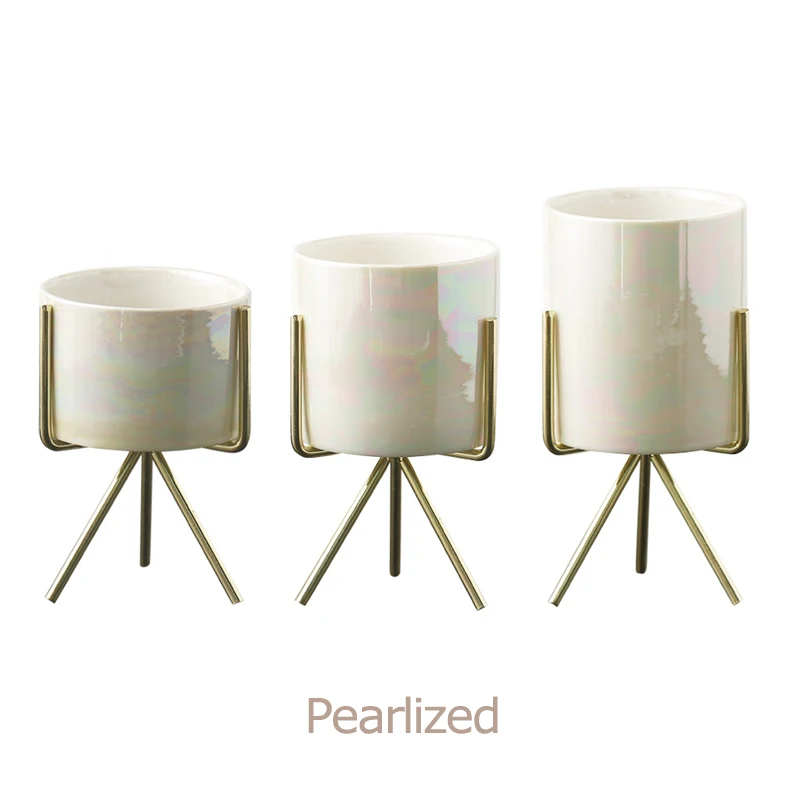 Pearlized Набор из 3 керамических цветочных кашпо с железной стойкой для суккулентных растений настольная керамическая ваза для цветов украшение дома и сада - Цвет: Pearlized
