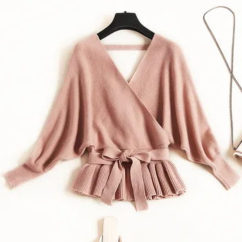 

New 2019 autumn winter women sexy knit sweater top batwing sleeve deep V-neck ruffles hem sashes pullovers khaki