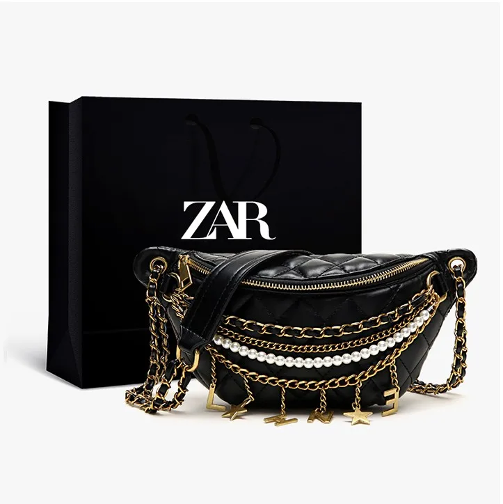 Small Bag Women New Fashion Korean Versatile Messenger Bag Pearl Chain Waist Bag Gold Letter Tassel Chest Bag Nightclub Bag