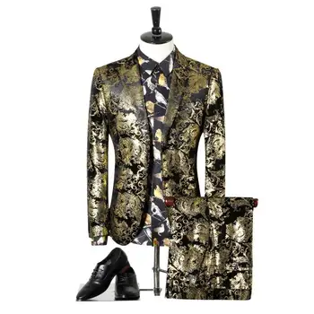 

Brand Design Black Gold Floral Tuxedo Wedding Suits Men Slim Fit Mens Dress Suits Stage Costumes British style Jacket/Pants Men