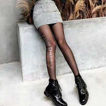 

Fashion Women Black tights Party Club Pantyhose Silk Stocking Arbitrary Cut Thin Lady Rhinestone Letter Vintage Sexy Tights