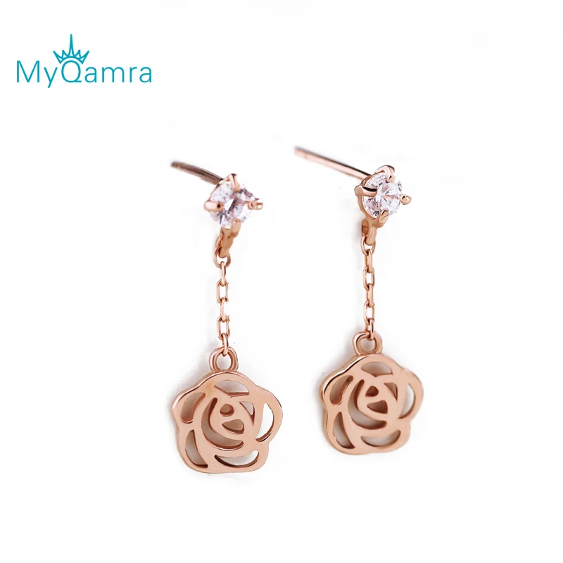

MYQAMRA Authentic Pure 18k Yellow Gold 3D Rose Openwork flower Earrings For Women Jewelry Valentine's Day gift