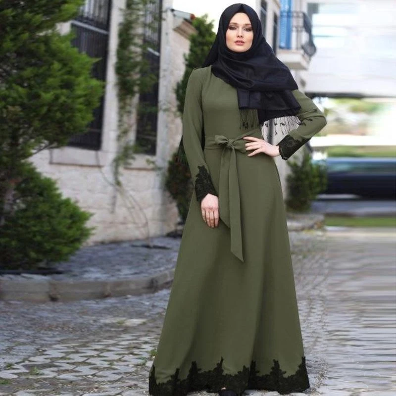 OTEN Moslemisches Abaya Frauen Kleid 2020 однотонное платье с поясом и кружевной каймой