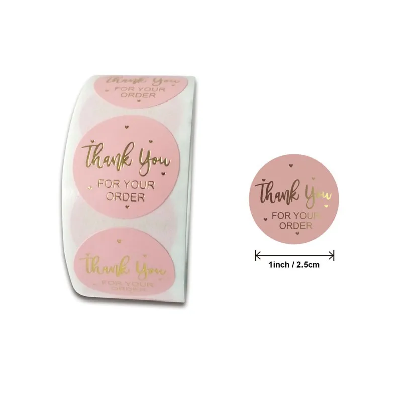 

500pcs/Roll Round Pink Bronzing gold foil thank you for your order handmade with love Gloss stickers golden heart 1inch