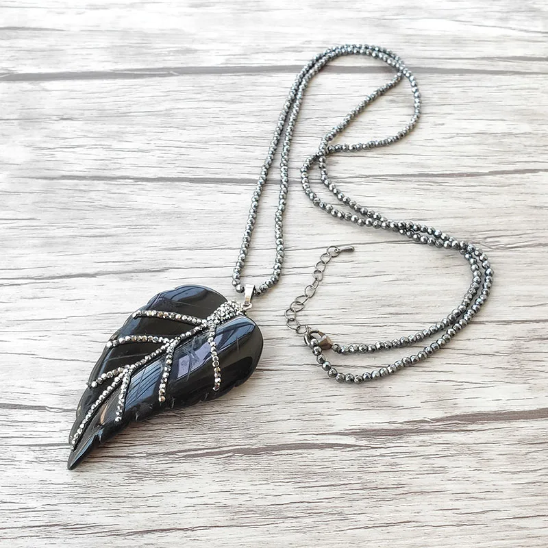 5Pcs Hematite beads necklace,obsidian stone leaf shape charm Pendant rhinestone crystal pave For Women Jewelry NK517