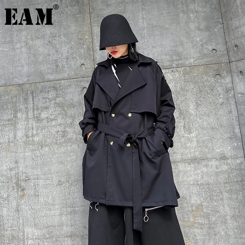 

[EAM] Loose Fit Double Breasted Big Size Long Jacket New Lapel Long Lanern Sleeve Women Coat Fashion Tide Spring 2020 1S005