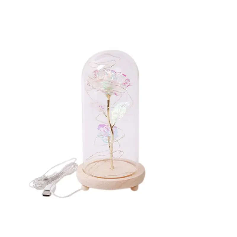 HwArtificial Золотая фольга цветок розы USB питание светодиодный светильник в стеклянном куполе на деревянной основе лучший подарок для женщин - Цвет: A