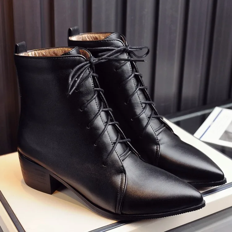 

Mid Heel Leather Boots Women Spring Autumn Lace Up Rome Style Pointy Toe Short Ankle Boots Pumps For Female 5 cm