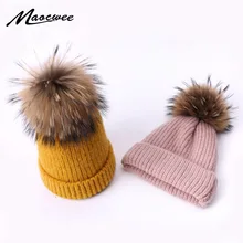 Зимние шерстяные шапки-бини с помпоном из натурального меха для женщин, вязаные шапки с кроличьим мехом, уличные теплые мягкие Лыжные шапки, одноцветные вязаные шапочки