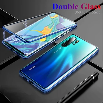 

360 Full Cover For Huawei P30 Pro Magnetic Adsorption Flip Metal Phone Case Double Tempered Glass Coque For Huawei P30 pro Funda