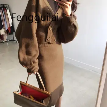 

Two Pieces Loose Warm Winter Women Sweaters Skirts Solid Puff Sleeve Female Woman Knitted Girls Sweater Tops Skirt 2PCS Sets