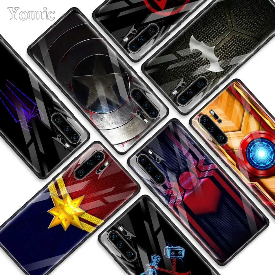 

Marvel superhero logo Tempered Glass Cases for Huawei P30 Pro P10 P20 Lite Mate 20 Lite Honor 20 Pro 8X Phone Cover