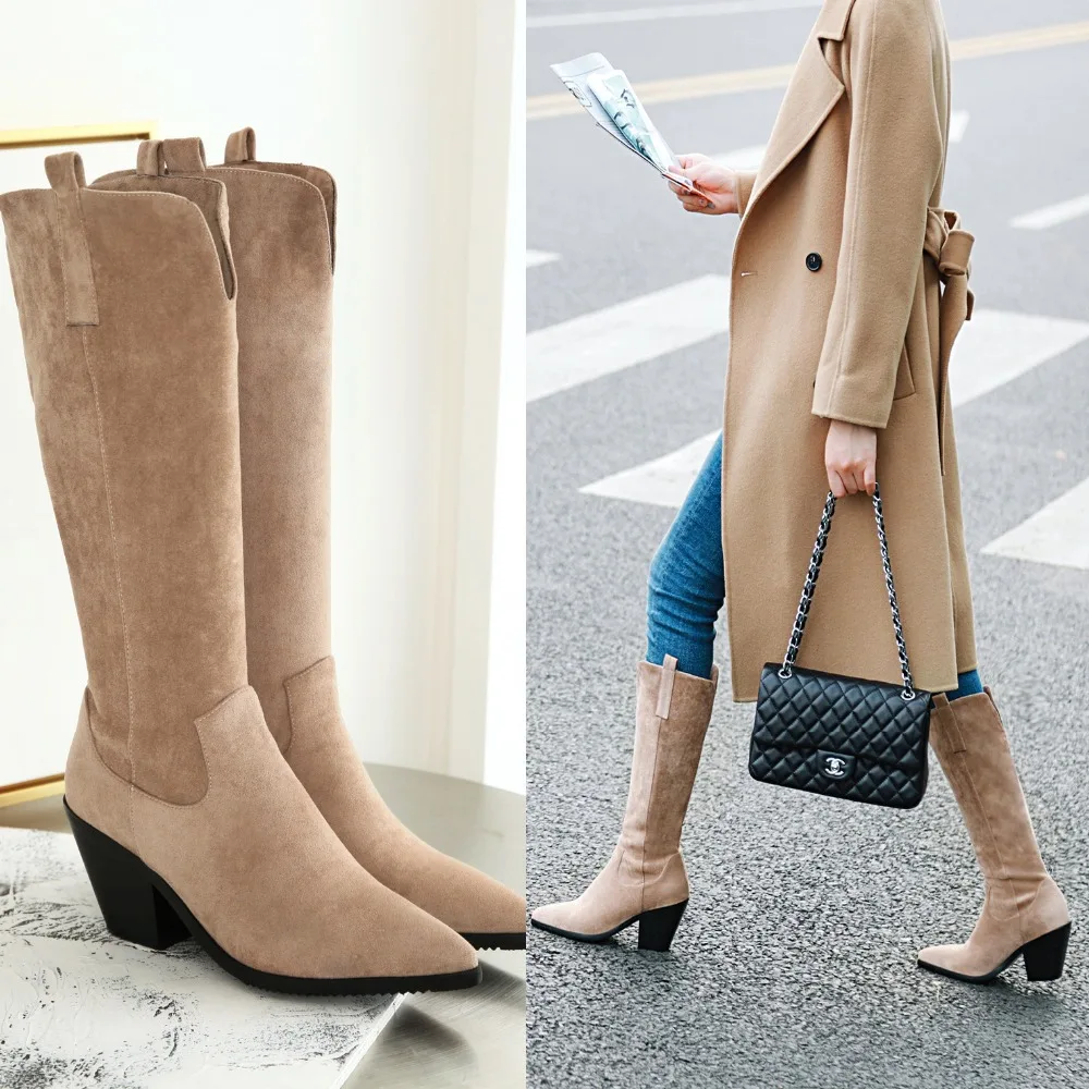 Brand Designer Faux Leather Women Knee High Boots western cowboy Wedge Pointed toe Boots Woman Long Chunky High Heel Botas Mujer