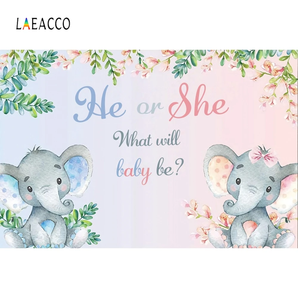 

Laeacco Baby Shower Photophone Gender Reveal Photocall What Will Baby Be Photography Backdrops Elephant Flowers Leaves Photozone