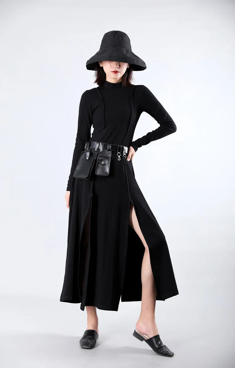 [EAM] Women Dress New Stand Neck Long Sleeve Loose Fit Split Joint Spliced Sheath Temperament Fashion Spring Autumn JZ343
