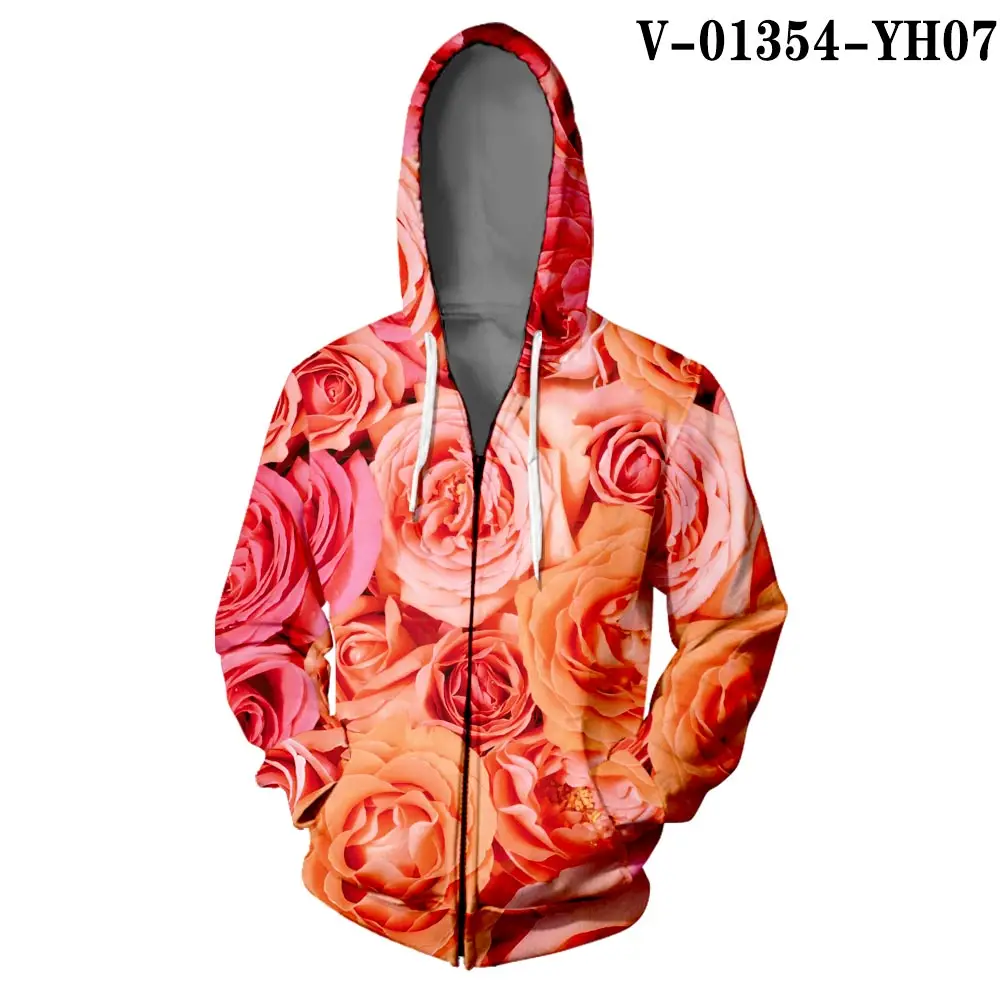 V01354 WAMNI толстовка на молнии с принтом розы 3D Harajuku уличная Толстовка Цветочная Куртка Свободная верхняя одежда толстовка с розой на молнии - Цвет: V01354