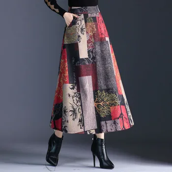 

Autumn Winter A-line Long Skirts Womens Maxi Skirt Female High Waist Warm Wool Skirt Elegant Office Lady Printing Plaid Skirt