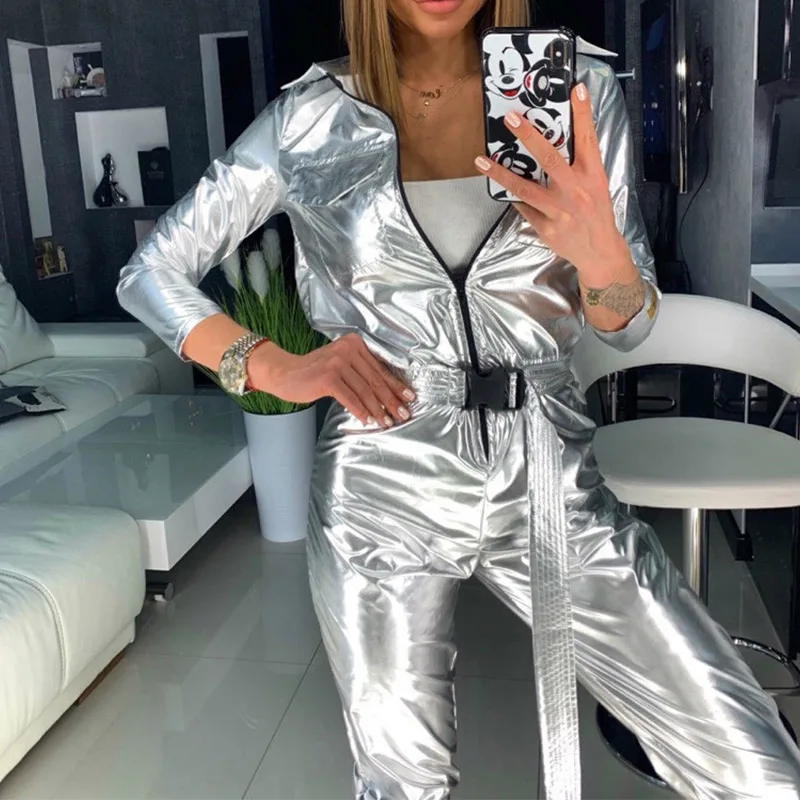 

Sexy Rompers Pink Sequins Sports Casual Female Jumpsuit Autumn Silver Zipper Belt Women suits 2019 Fashion Slim Ladies Onesies
