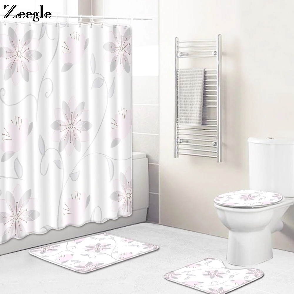 Zeegle Modern Bathroom Carpet Set Shower Mat Toilet Cover Seat Mat Home Decoration Anti-slip Bath Mat Set Toilet Curtain Rug Set