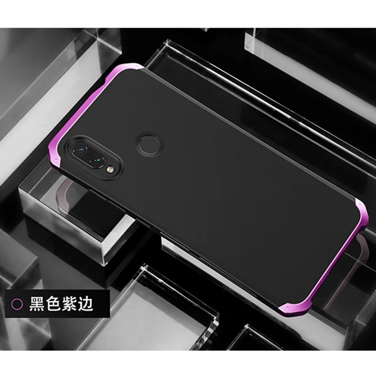 Текстурированная анти-осенняя Металлическая Рамка PC задняя пластина для Xiaomi Redmi note7 Pro Note7 алюминиевый сплав Мобильный бампер чехол с подарком - Цвет: Black  Purple Side