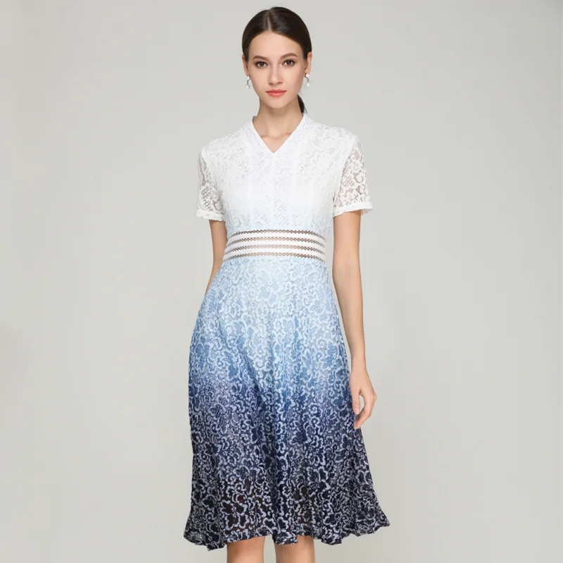 HAMALIEL Vestidos, Летнее белое синее лоскутное кружевное платье, Подиумные женские сексуальные винтажные платья с коротким рукавом и v-образным вырезом