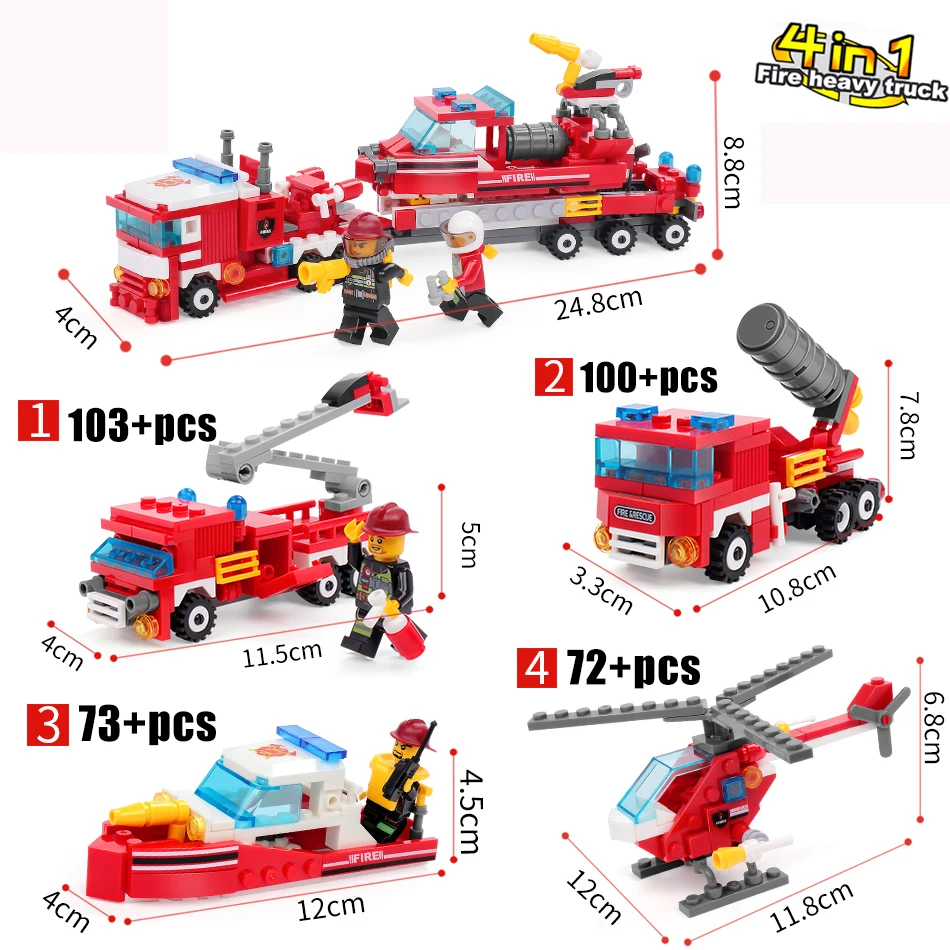 348pcs-Fire-Fighting-4in1-Trucks-Car-Helicopter-Boat-Building-Blocks-Compatible-city-Firefighter-figures-children-Toys (5)