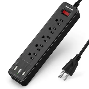 

SUPERDANNY Surge Protector Power Strip Mountable Extension Cord 5 Outlet 3 USB Port with Hook/Loop Fastener Black
