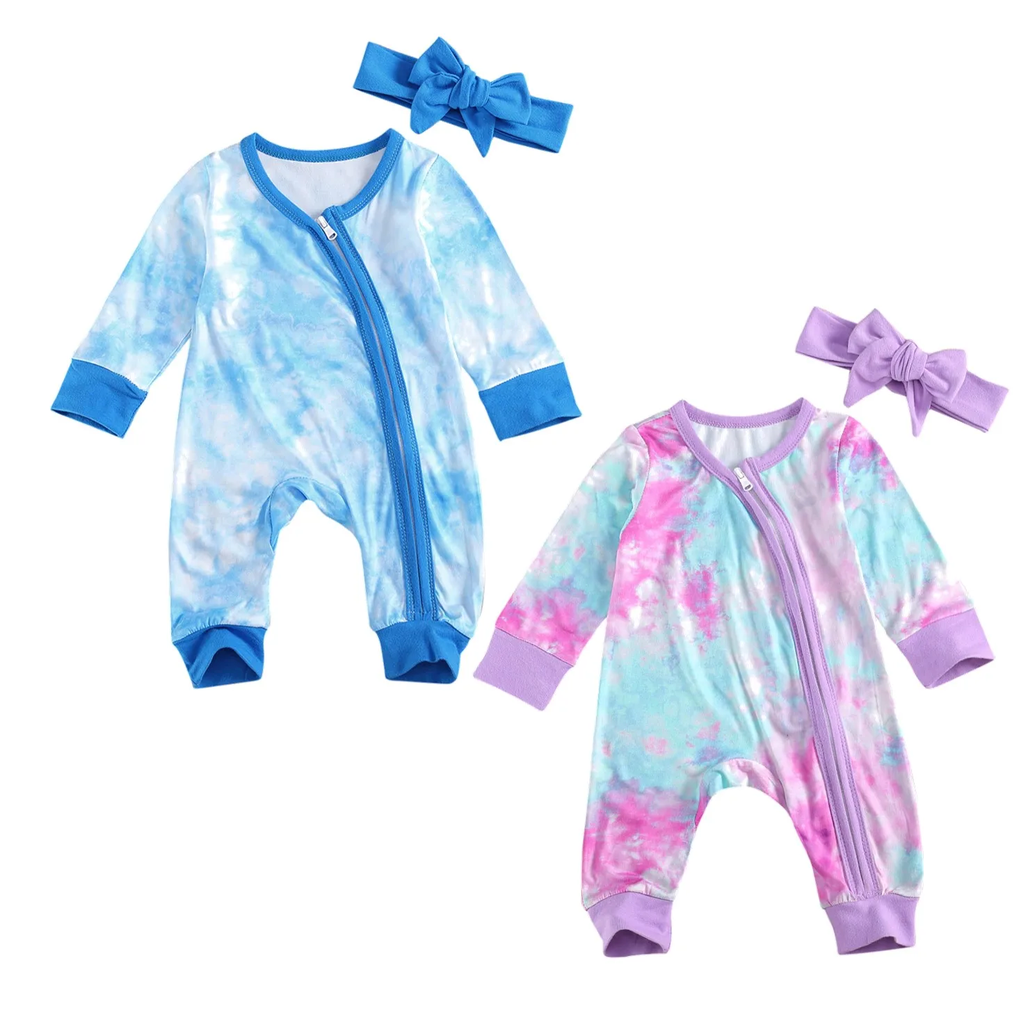 

2020 New Fall Autumn Newborn Baby Girls 2Pcs Set Tie Dye Print Zipper Long Sleeve Long Pants Romper+Headband Warm Infant Clothes