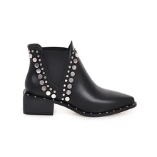 

2021 Rivets Faux Leather Booties Sequin Thick Heel Black Ankle Women Boots Studded Decorated Woman Boots Motorcycle Size 35-40