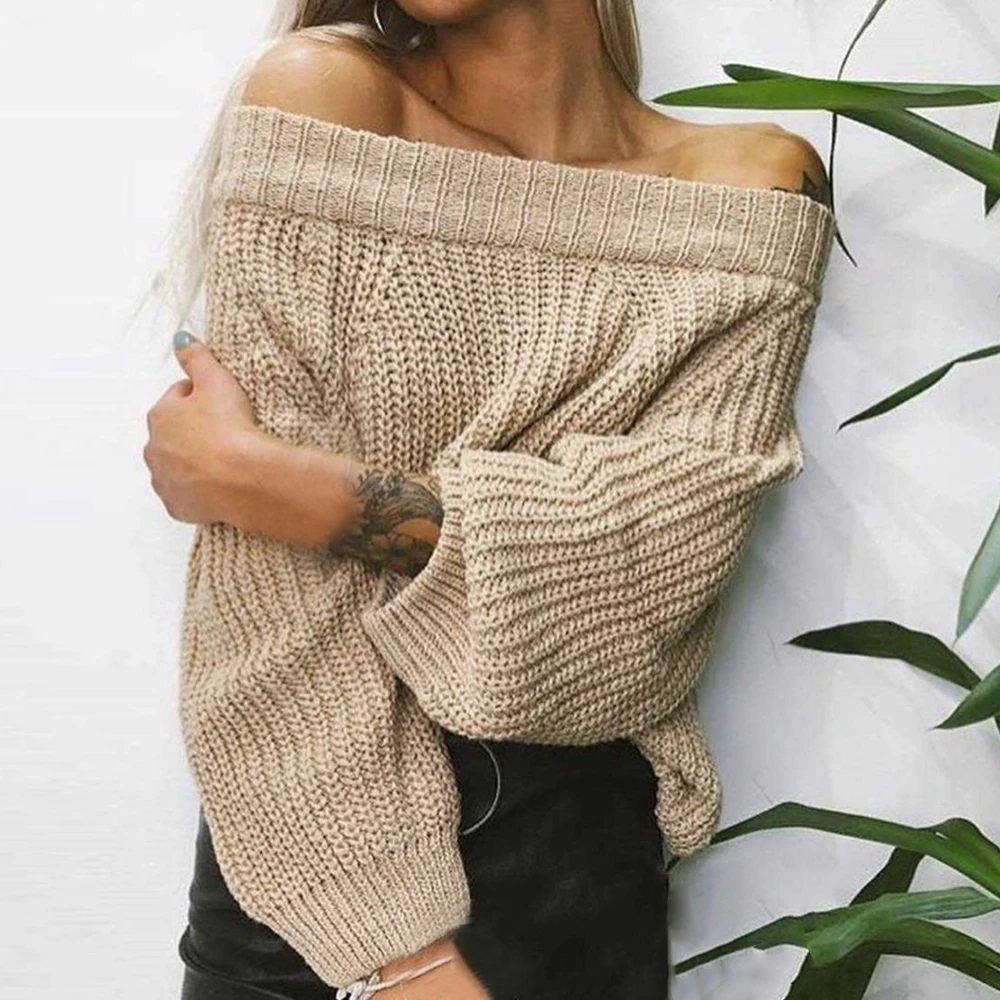 

2019 Warm Autumn Winter Sweater Women Sexy Off Shoulder Knitted Shirt Collar Strapless Long Sleeve Pull Femme Sweter