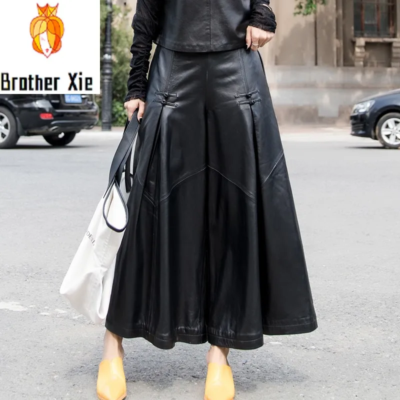 

Streetwear Women Wide Leg Pants Spring Autumn Real Sheepskin Loose Fit Flare Pants Long Trousers Female Genuine Leather Pants