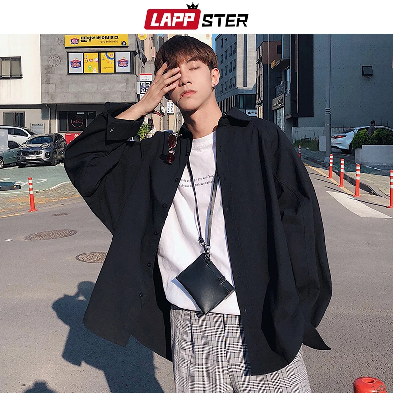 

LAPPSTER Men Streetwear Solid Oversized Shirts 2019 Mens Harajuku Korean Fashions Long Sleeve Shirts Casual Autumn Black Shirt