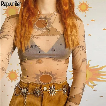 

Rapwriter Sun Moon Print Mesh Sexy T-shirt Female Skinny Crop Top 2020 Fashion Summer O-Neck Long Sleeve harajuku Top Streetwear