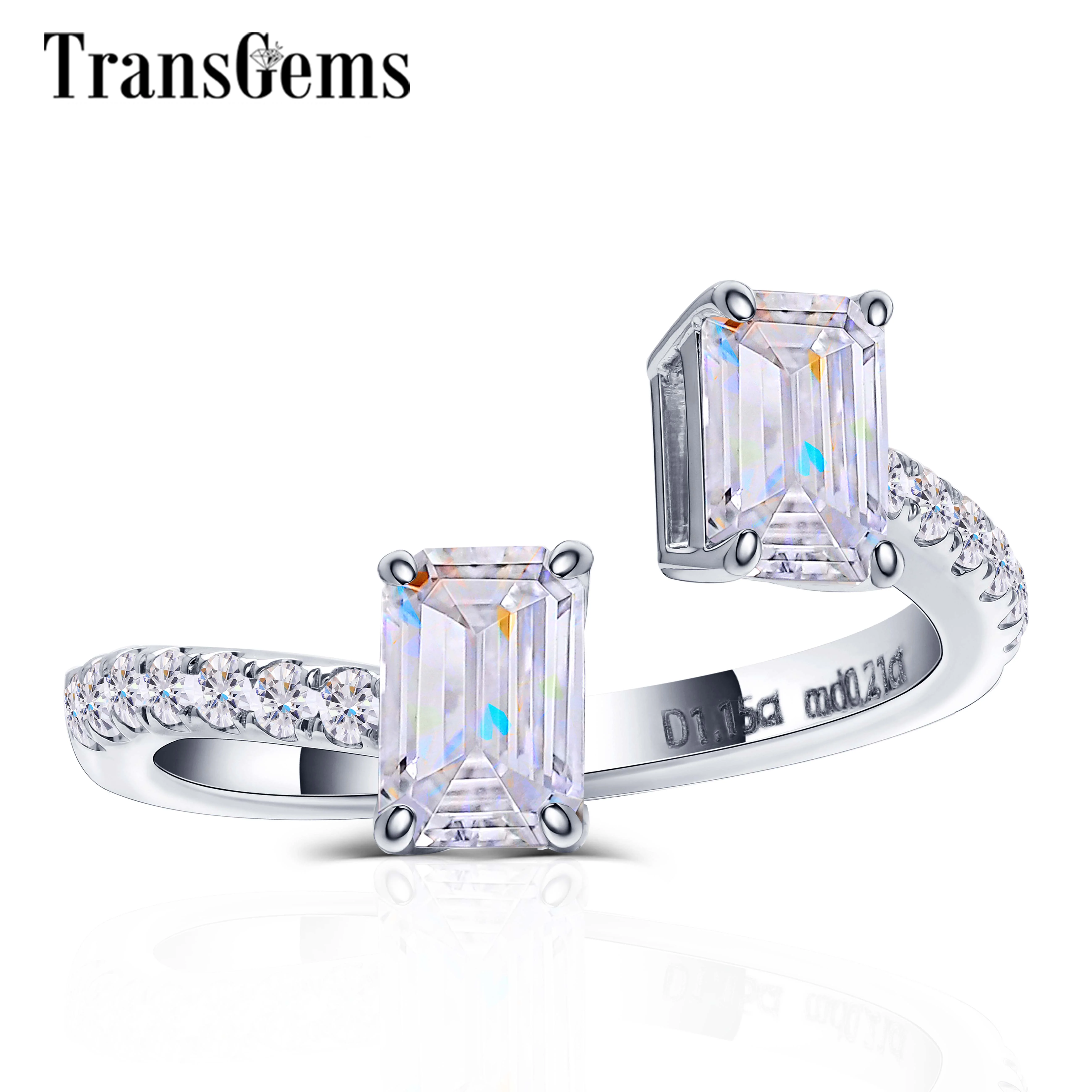 

TransGems Moissanite Ladies Ring 14K White Gold 4X6mm Emerald Cut F Color Moissnaite Engagement Ring for Women with Accents