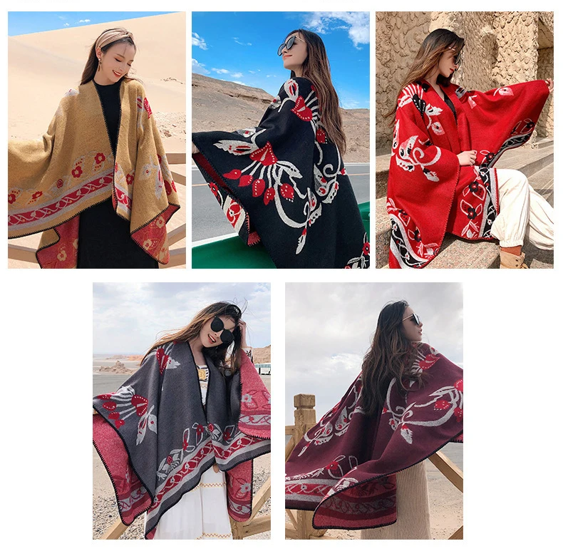 Imitation Cashmere Oversized Print Flower Poncho Scarf Women Scarves Mantle Autumn Winter Thick Warm Cloak Outdoor Cape Shawl