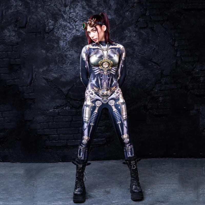 New Female Halloween Scary Future Technology Style Robot Skeleton Bone Print Jumpsuit Sexy Long Sleeved Women Slim Tight Costume
