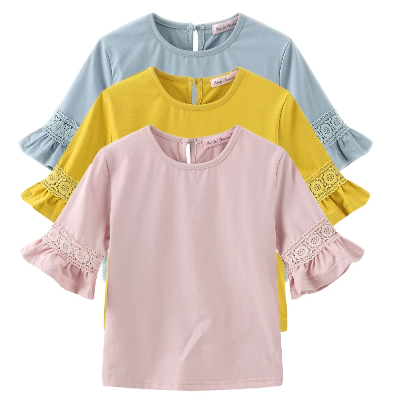 Camisa de encaje para Niñas Grandes de 2 14 años, camisa de cuello redondo para manga acampanada de longitud blusa para niñas pequeñas|Blusas y camisas| - AliExpress